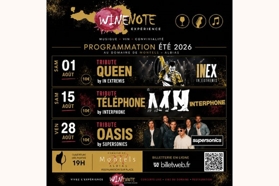 slide Programmation wine note ete 2026 Programmation estivale des wine note au Domaine de Montels site Vignobles Romain à Albias